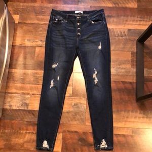 KanCan Distressed stretchy high rise button skinny denim jeans size XL!